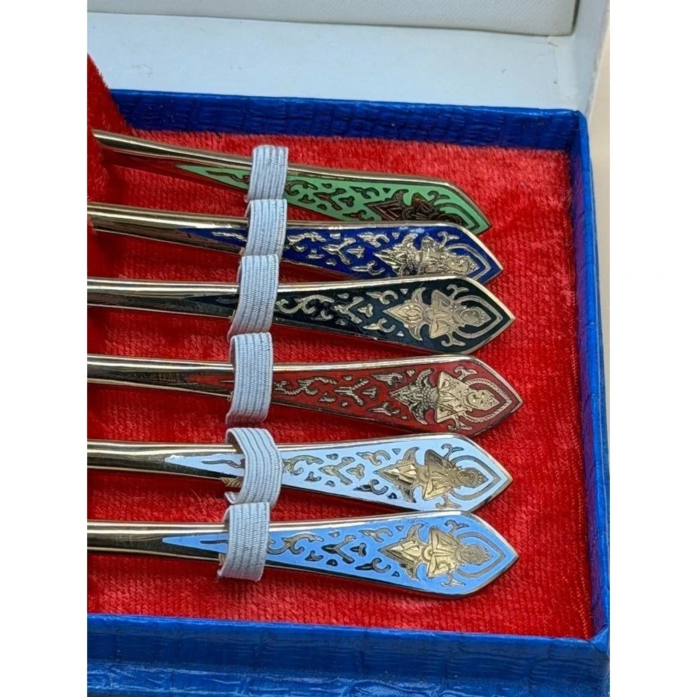 Vintage Siam Bronze Enamel Demitasse Spoons Set of 6 Box BAC